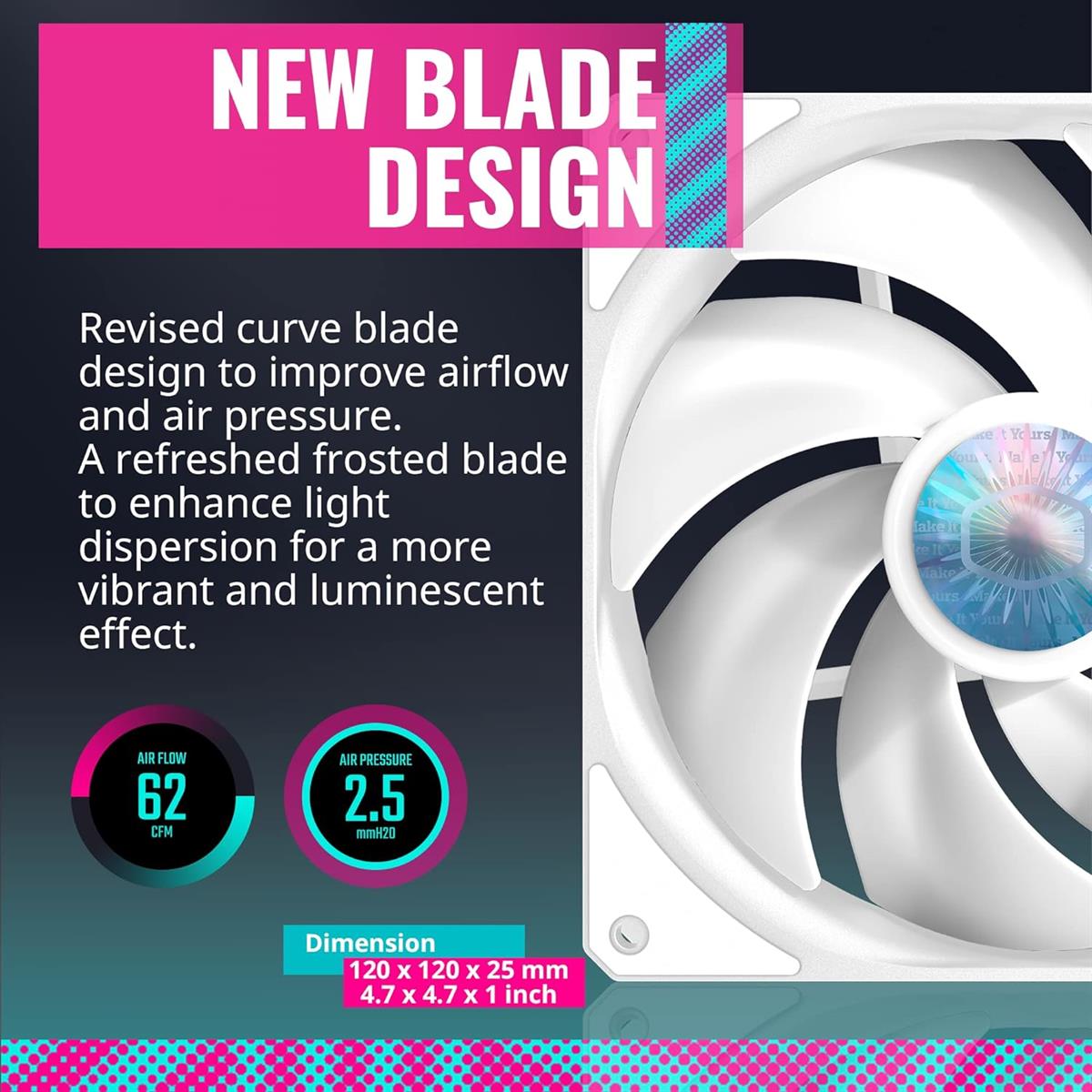 thumbnail image 2 of Cooler Master SickleFlow 120 ARGB Case Fan, 1800 RPM, 62 CFM, 7-blade Design, ARGB Luminescent Light Eff 2 of 11