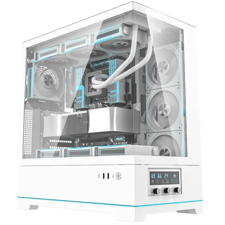 DarkFlash DY451 Pro Tempered Glass ATX PC Case, 2x USB 3.0, 1x Type-C, Four-Level Cooling System, Adjustable Fan Speed, Temperature Digital Display, 1x Pre-Installed ARGB Fan - White
