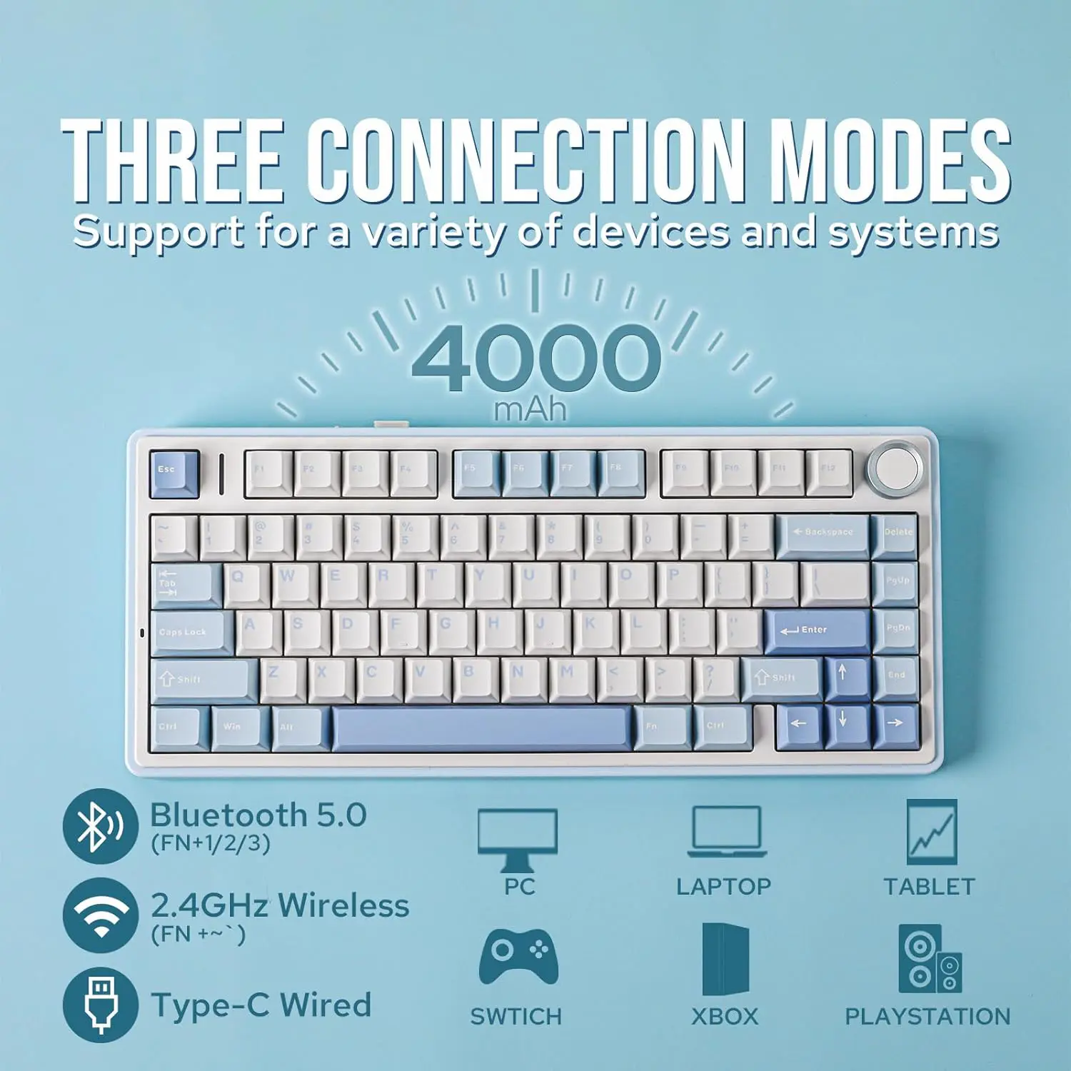 Aula F75 Gasket Mechanical Keyboard, 75% Wireless Hot Swappable Gaming Keyboard with Five-Layer Padding & Knob, Bluetooth/2.4GHz/USB-C, RGB (Sea Salt Blue)