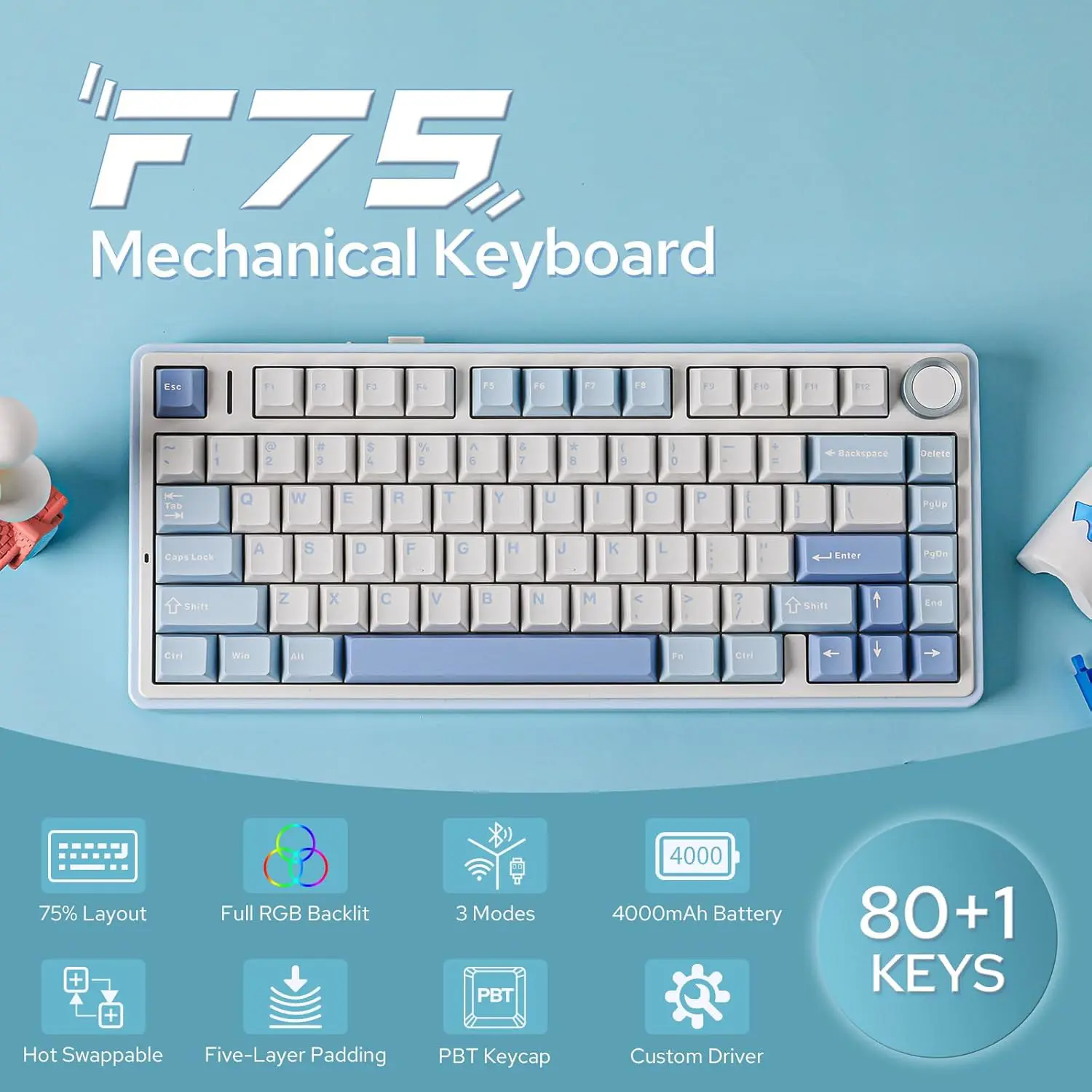 Aula F75 Gasket Mechanical Keyboard, 75% Wireless Hot Swappable Gaming Keyboard with Five-Layer Padding & Knob, Bluetooth/2.4GHz/USB-C, RGB (Sea Salt Blue)