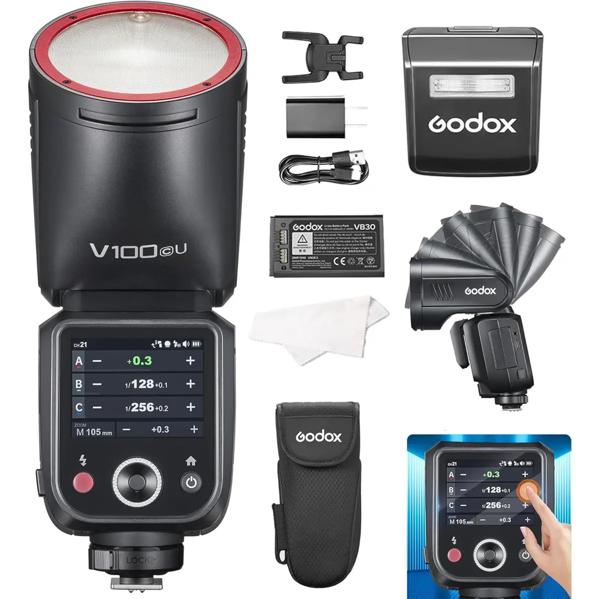 Godox V100-C Camera Flash for Canon, 100Ws TTL Round Head Speedlite, 400-Full-Power-Flashes, 1.7s Recycle Time, Touch Screen 2.4G Wireless X System for Canon EOS R10 R8 R7 R6 R6 Mark II R5