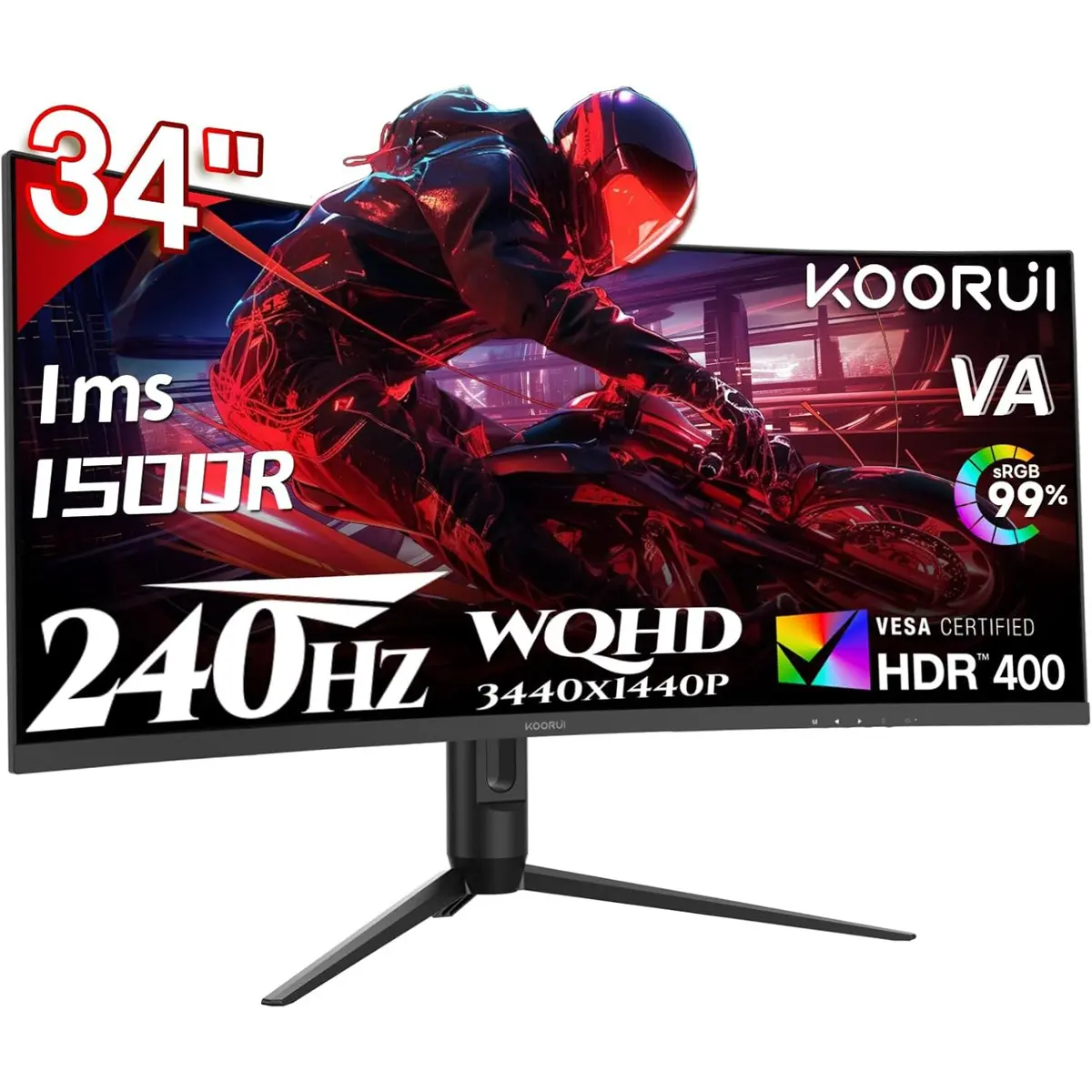 Koorui G3441XC 34 Inch 240Hz Ultrawide Curved Gaming Monitor 3440x1440P, 21:9 Display, 1500R VA Curvature. 1ms, PIP/PBP, Support Adaptive Sync, DP, HDMI, PS5, VESA