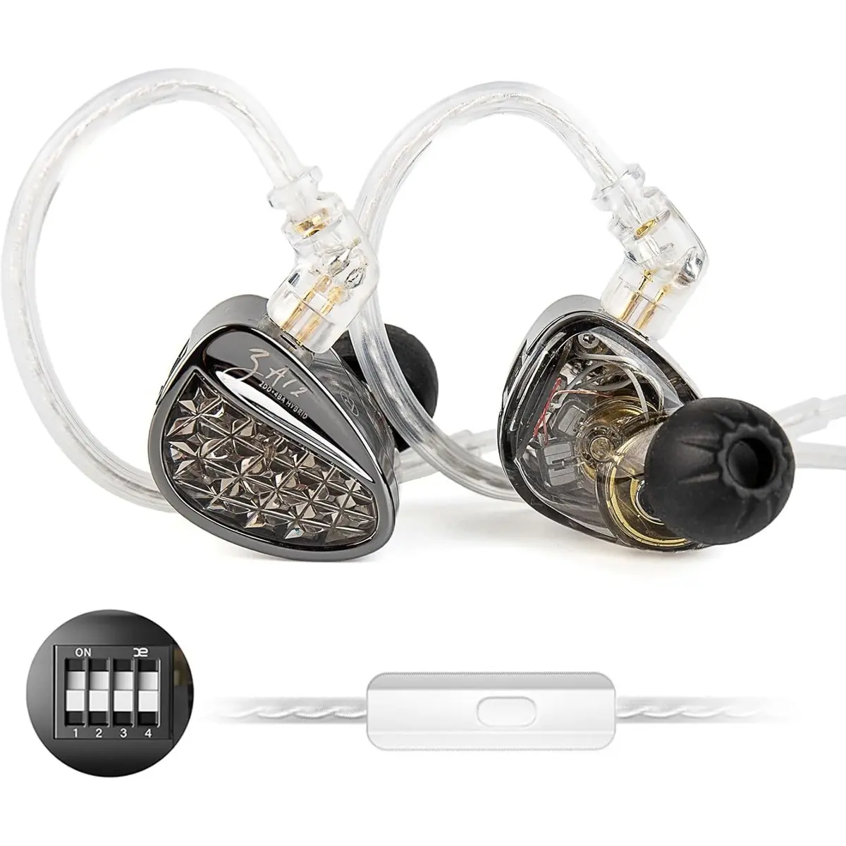 KZ ZA12 in Ear Monitor, 2DD+4BA Hybrid Wired Earbuds, KZ in Ear Monitor with 4-Level Tuning Switch Gaming Earbuds, Silver-Plated IEM Cable for Audiophile (Type-C with Microphone, Matte Black Tunable Version)