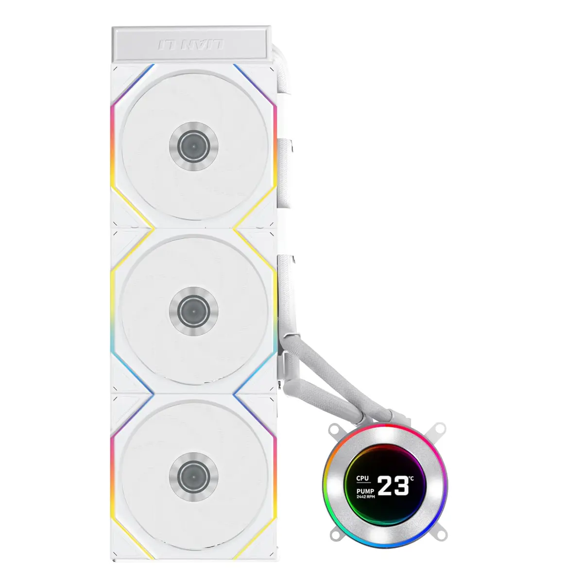 Lian Li Hydroshift II 360 TL RGB Liquid CPU Cooler - 360mm AIO, 3X 120 RGB Fans, 2.1” IPS LCD Screen, 3 Control Mode, Flexible Tubes Clamp - White