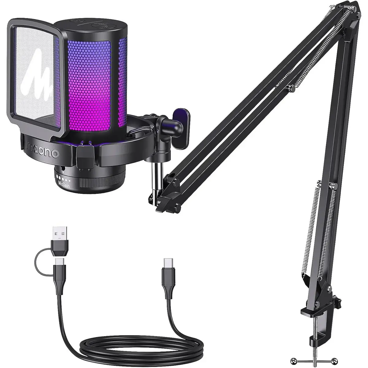Maono DGM20S Gaming Microphone for PC with Clear Voice & Noise Reduction RGB Lighting, Tap-to-Mute, Gain Control, Headphone Monitoring and Boom Arm for Discord Gaming, Streaming, Content Creation (Black)