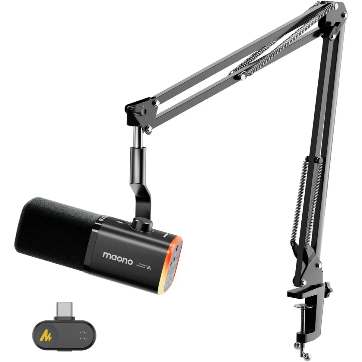 Maono PD100WS Wireless Gaming Microphone for PC, Dynamic Streaming USB Mic with 3 Level Noise Cancelling, RGB, Mute Button, Software EQ, Computer Boom Mic for Podcast, Vocal Recording, Black