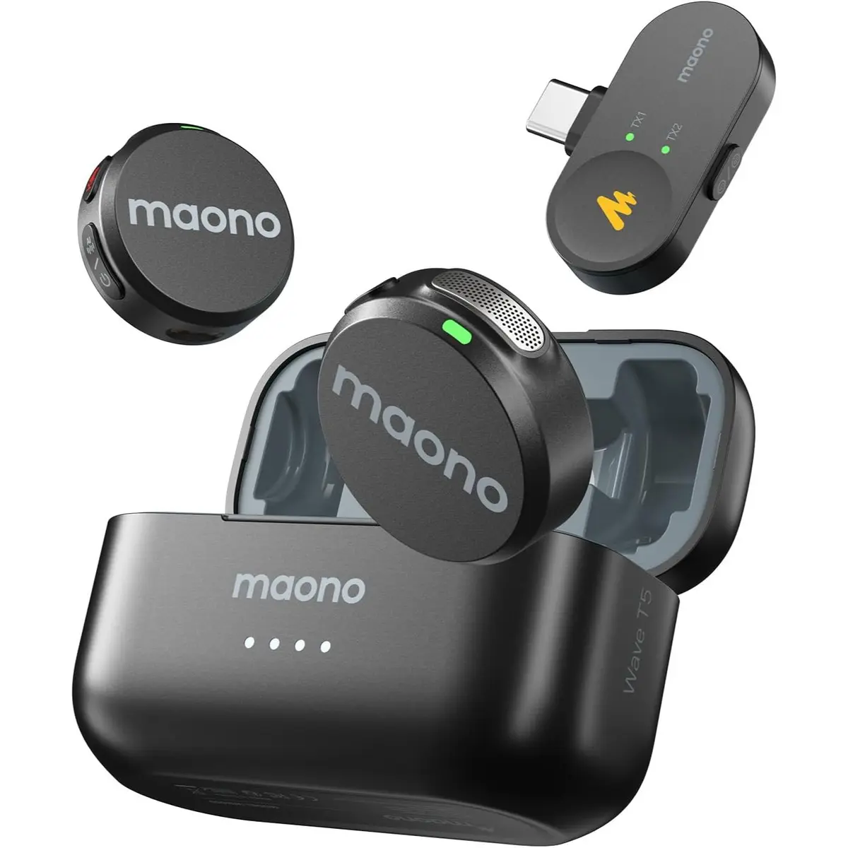 Maono Wave T5 Wireless Lavalier Microphone for iPhone 17/16/15/Android/Tablet, USB C Mini Mic with 48KHz 24Bit, 300m Range, Voice Filter, Noise Cancellation, 30H Use for Video Recording, Streaming