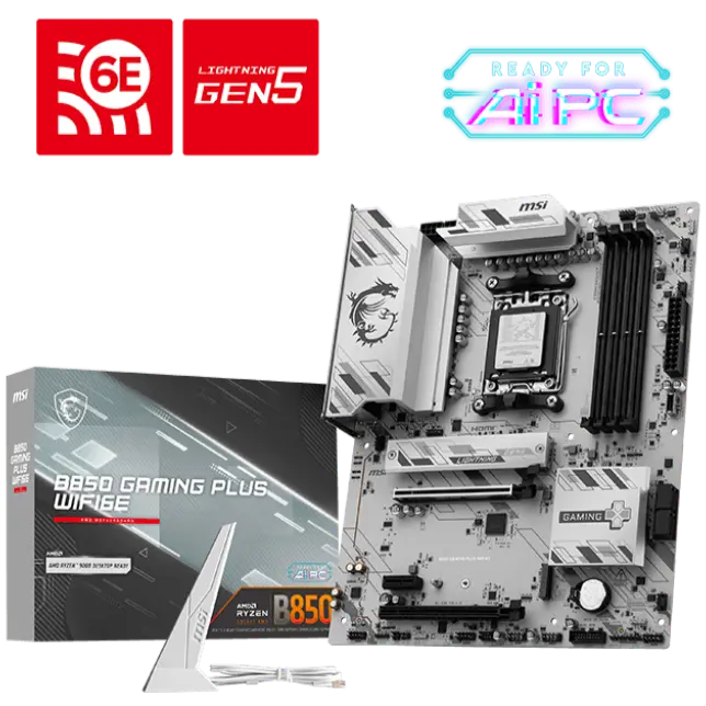 MSI B850 Gaming Plus Wifi6E Motherboard, ATX - Supports AMD Ryzen 9000/8000/7000 Processors, AM5 - DDR5 Memory Boost 8200+ MT/s (OC), PCIe 5.0 x16 & 4.0 x16, M.2 Gen5, Wi-Fi 6E, 5G LAN