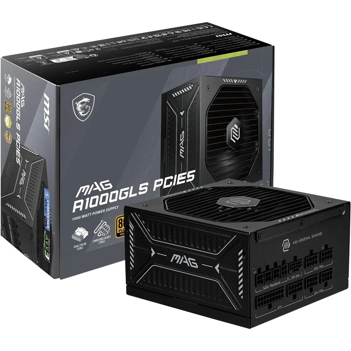 MSI MAG A1000GLS PCIE5, Fully Modular Compact Gaming 1000W Power Supply, 80+ Gold, ATX 3.1 & PCIe 5.1 Ready, Native Dual-Color 12V-2x6 Embossed Jacket Cables, Low-Noise