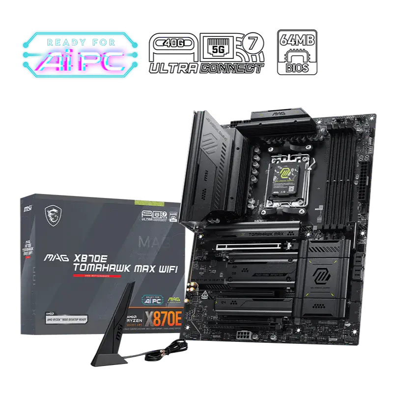 MSI MAG X870E Tomahawk Max WiFi Motherboard, ATX - Supports AMD Ryzen 9000/8000/7000 Processors, DDR5 Memory Boost 8400+ MT/s (OC), PCIe 5.0 x16, M.2 Gen5, Wi-Fi 7, 5G LAN