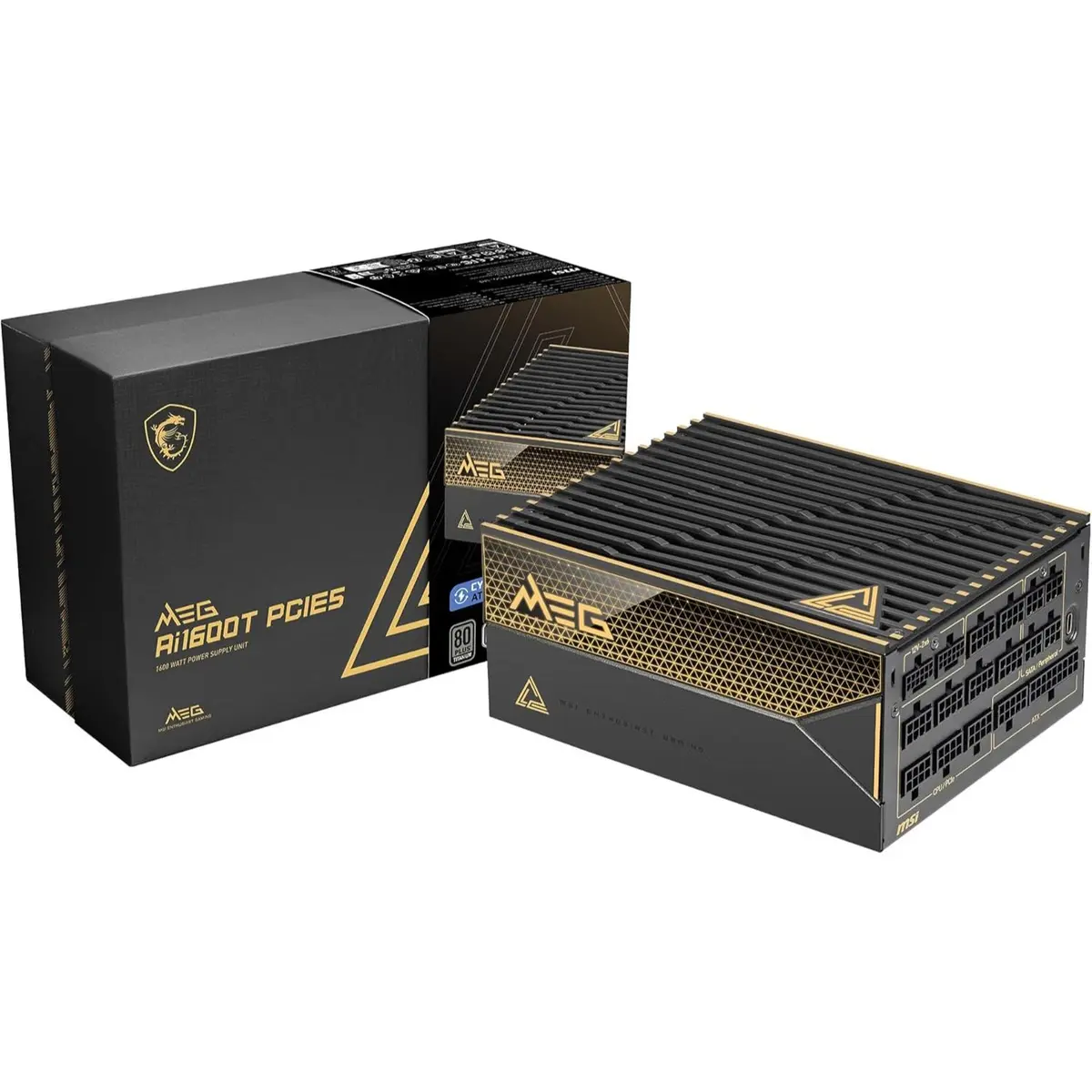 MSI MEG Ai1600T PCIE5 Fully Modular Gaming 1600W Power Supply, 80+ Titanium, Dual 12V-2x6 Cables, Server-Grade Capacitor, ATX 3.1 & PCIe 5.1 Ready, Low-Noise, Braided