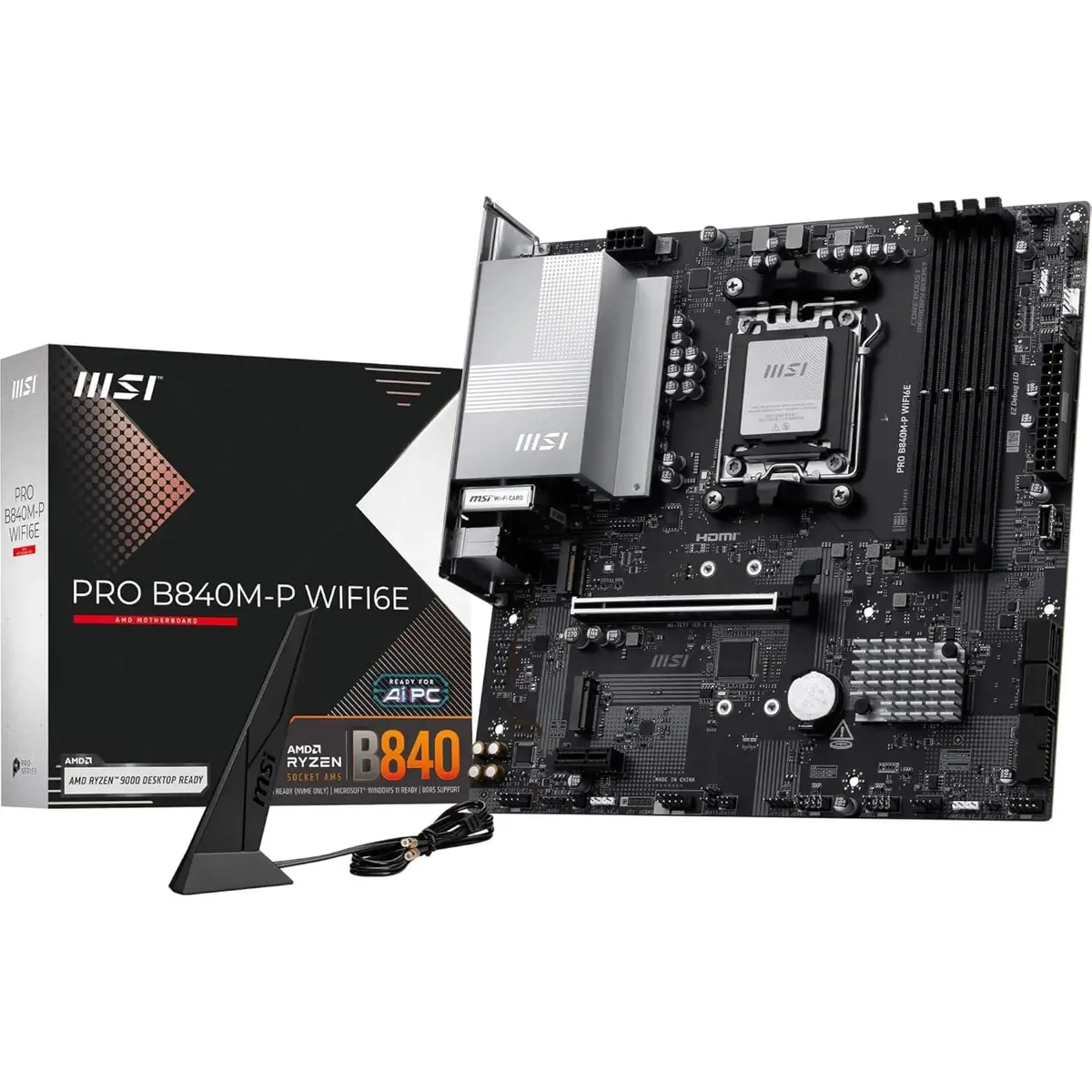 MSI Pro B840M-P Wifi6E M-ATX AM5 Motherboard AMD B840 Chipset — Supports Ryzen 7000/8000/9000 Series, DDR5 up to 8000MHz (OC), Wi-Fi 6E, 2.5G LAN, USB 3.2 Gen2 Type-C & Type-A, HDMI 2.1
