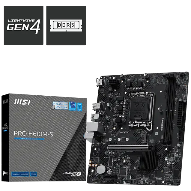MSI Pro H610M-S Motherboard, Micro-ATX - Supports Intel Core 14th, 13th and 12th Gen Processors, LGA 1700 - DDR5 Memory Boost 5600MHz/MAX, PCIe 4.0 x16 Slot, M.2 Gen3 Slot
