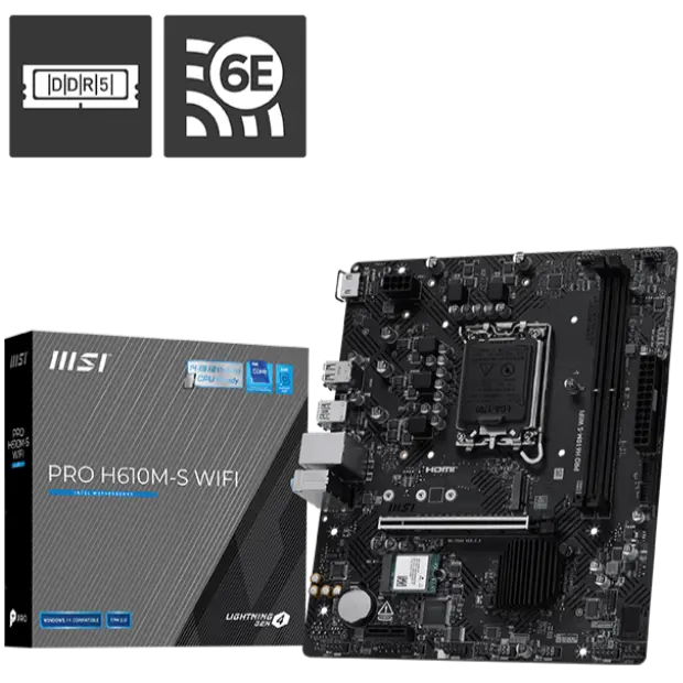 MSI Pro H610M-S WiFi Motherboard, Micro-ATX - Supports Intel Core 14th, 13th and 12th Gen Processors, LGA 1700 - DDR5 Memory Boost 5600MHz/MAX, PCIe 4.0 x16 Slot, M.2 Gen3 Slot, Wi-Fi 6E, BT 5.3