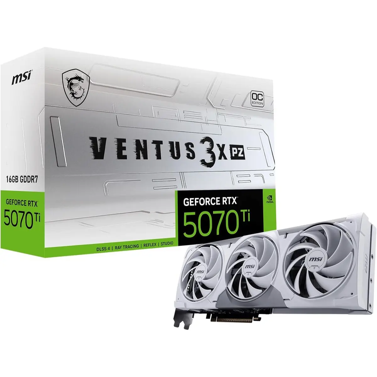 MSI Gaming RTX 5070 Ti 16G Ventus 3X PZ OC Graphics Card (16GB GDDR7, 256-bit, Extreme Performance: 2482 MHz, DisplayPort x 3 2.1a, HDMI 2.1b, NVIDIA Blackwell Architecture, White)