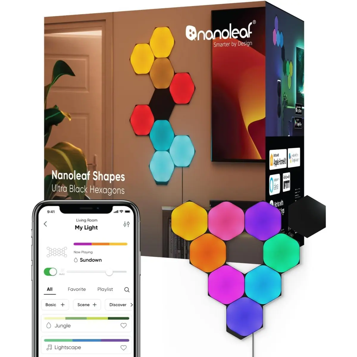 Nanoleaf Shapes Ultra Black Hexagon Starter Kit - Smart Light Panels LED RGBW, Modular Wi-Fi Colour Changing Wall Lights, Works with Alexa Google Assistant Apple Homekit, for Room Decor & Gaming (9 Panels)