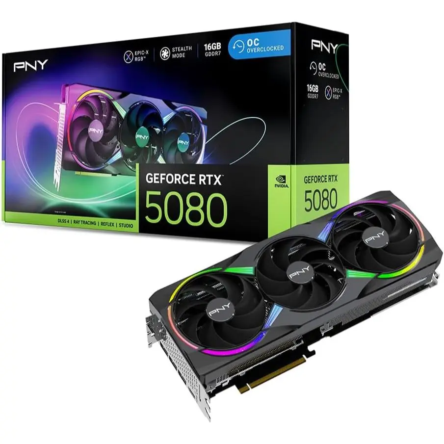 PNY NVIDIA GeForce RTX 5080 Epic-X ARGB OC Triple Fan, Graphics Card (16GB GDDR7, 256-bit, Boost Speed: 2775 MHz, PCIe 5.0, HDMI/DP 2.1, 2.99-Slot, NVIDIA Blackwell Architecture, DLSS 4)