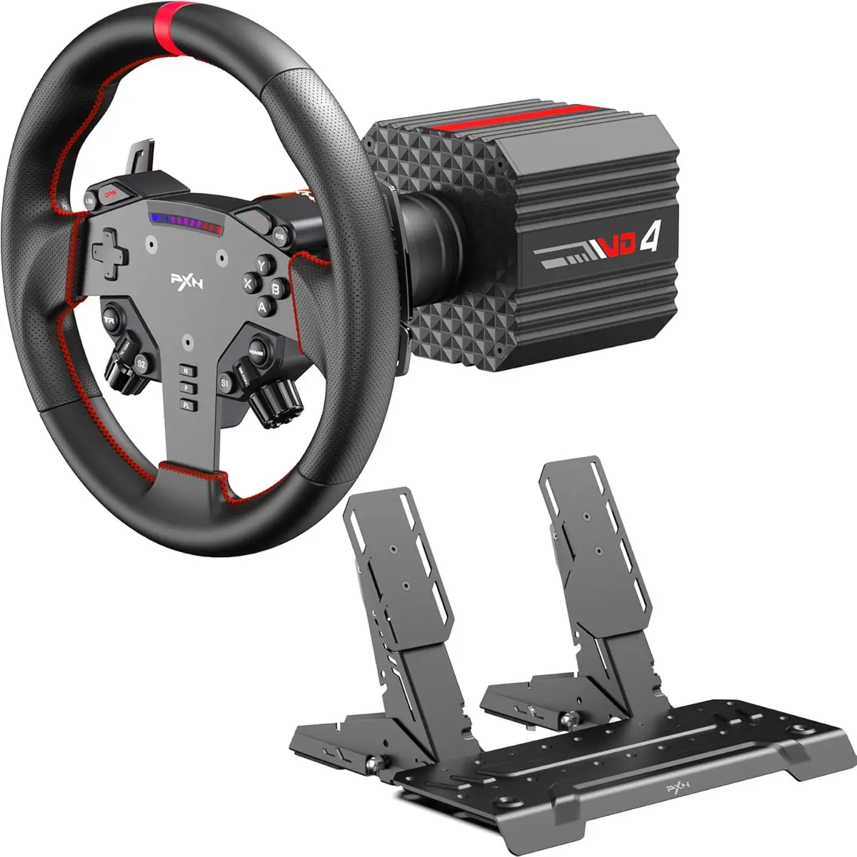 PXN VD4 Bundle – PC Sim Racing Setup with 4Nm Direct Drive Servo Motor Base, 11-Inch W AS Racing Wheel & PD HM Brake & Throttle Pedals – Force Feedback Steering Wheel for PC Windows 7–11