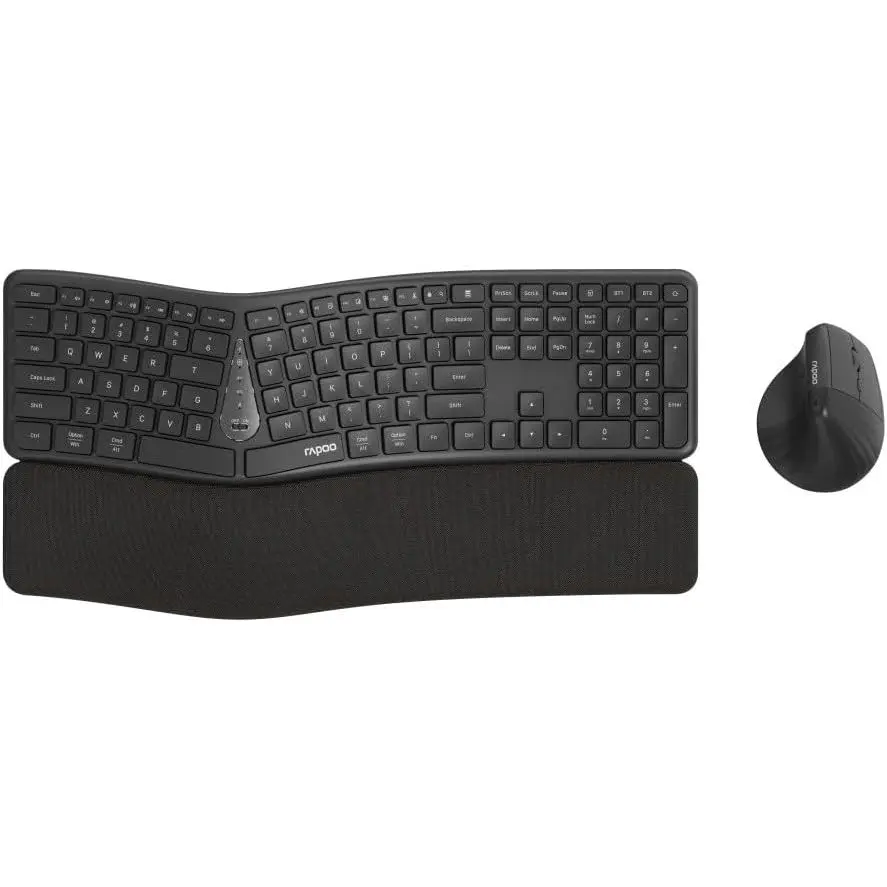 Rapoo 8810ME Keyboard Mouse Set Wireless Ergonomic - Bluetooth & 2.4G USB Wireless, Multi Device up to 3 Devices, Vertical Mouse, Split Keyboard with Wrist Rest, Black