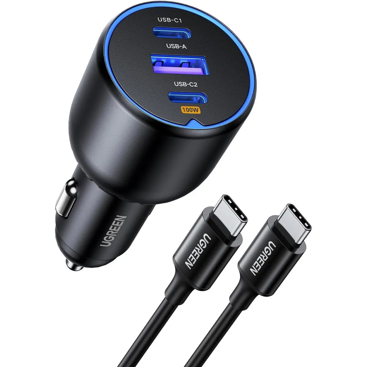 Ugreen 130W USB-C Car Charger with Cable, Type-C Cigarette Lighter Adapter - 2 USB-C 1 USB-A, Compatible with iPhone 17 Air 17 Pro 17 Pro Max 16 15 14 13 12, Galaxy S25 S24 S23 Ultra, iPad, MacBook
