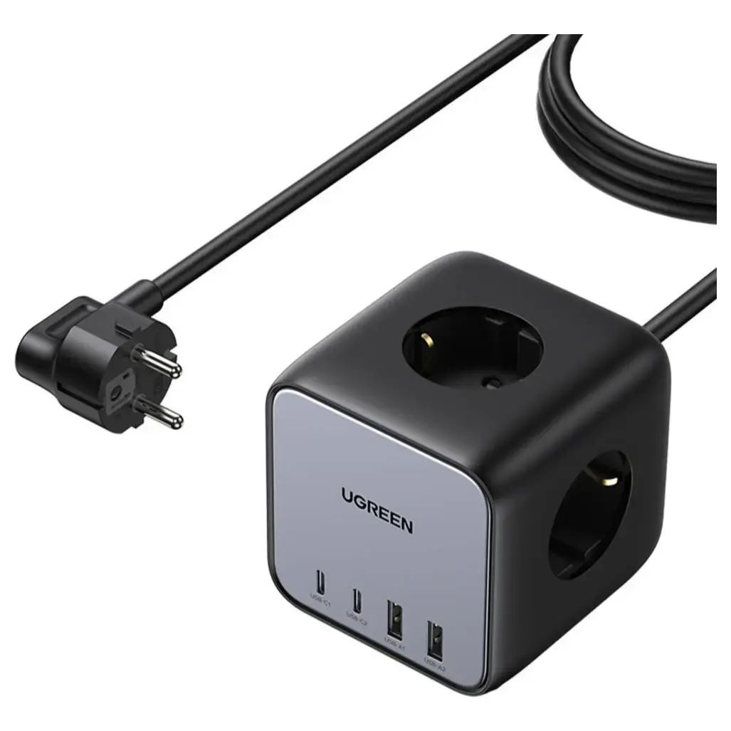 Ugreen DigiNest Cube Power Strip, 3 Sockets, 2 USB-C Up To 65W, 2 USB-A Up To 22.5W, 1.8M Cable, EU Plug Standard, Black
