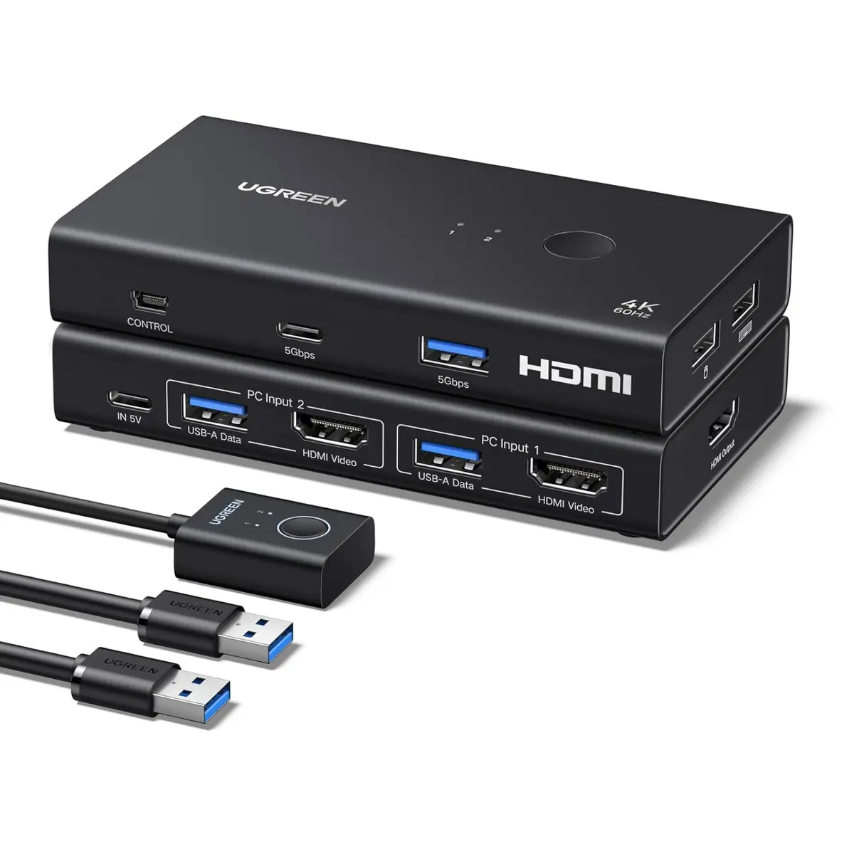Ugreen HDMI KVM Switch 1 Monitor 2 Computers, 4 USB 3.0 Ports, 4K@60Hz KVM Switches, 5Gbps, for 2 Computers Share One HDMI Monitor Keyboard Mouse Hard Drives Webcam, with 2 USB Cables, Controller