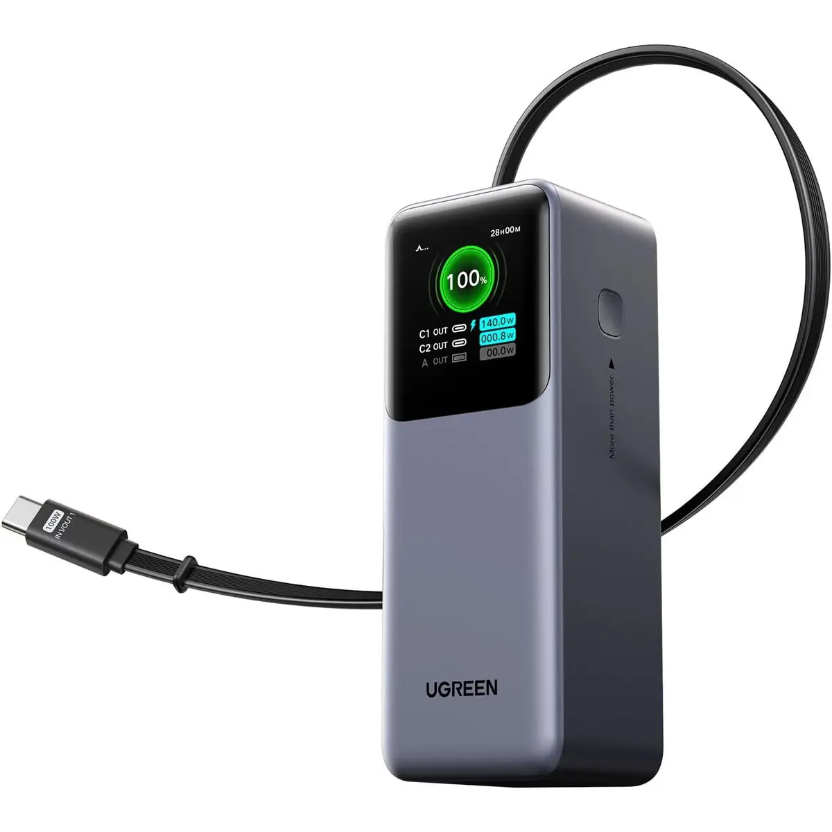 Ugreen Nexode 20000mAh 165W Power Bank for MacBook Pro 16, Built-in Cable Built-in USB-C cable, 100W Input Recharge. 3-Port Fast Charging