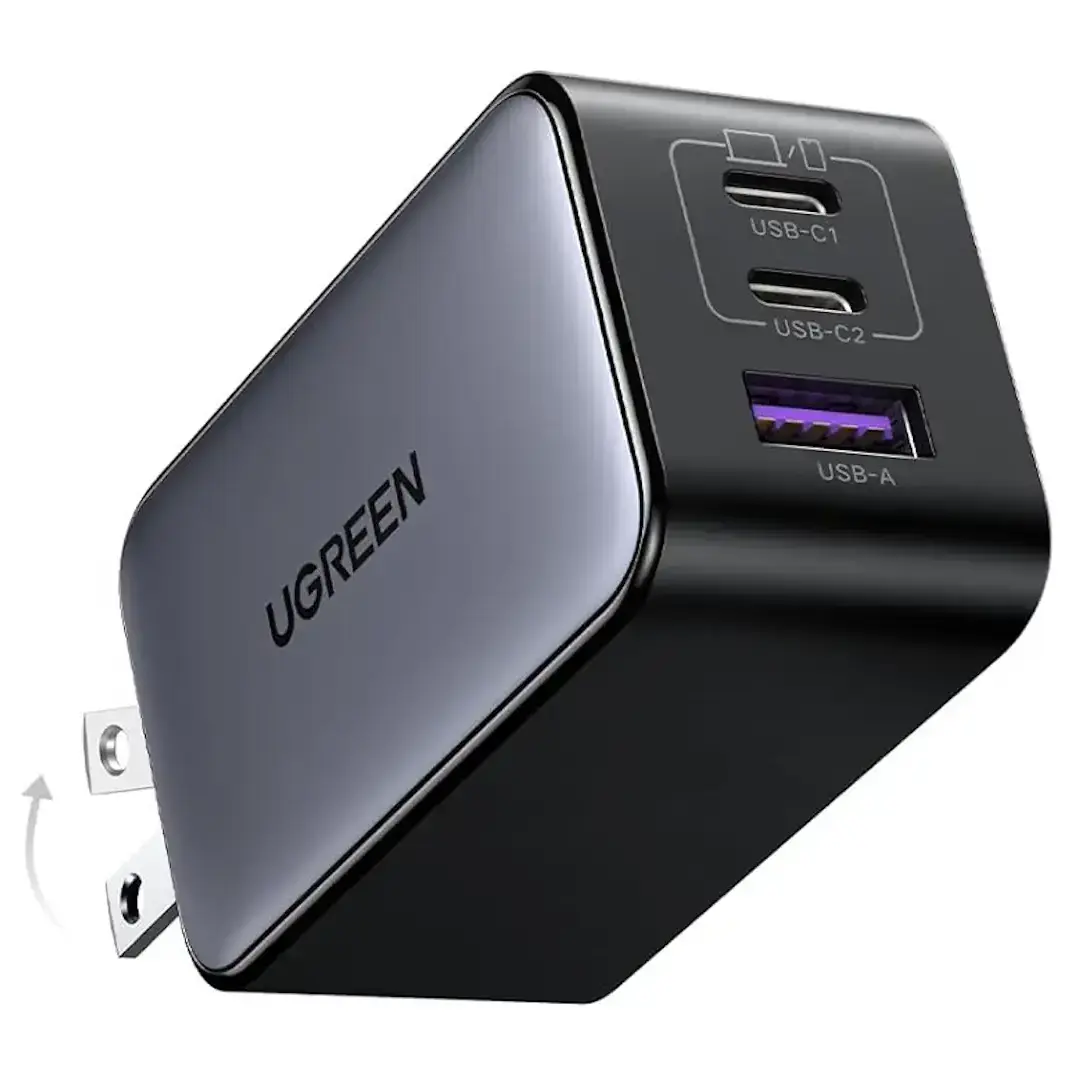 Ugreen Nexode 65W USB-C Charger Block, 3-Port Wall Charger Fast Charging, GaN II Chip, 3 in 1, Compact Size with Foldable Plug, for iPhone 17/16, Galaxy S26/S25, Pixel, MacBook, Dell XPS, iPad, Black