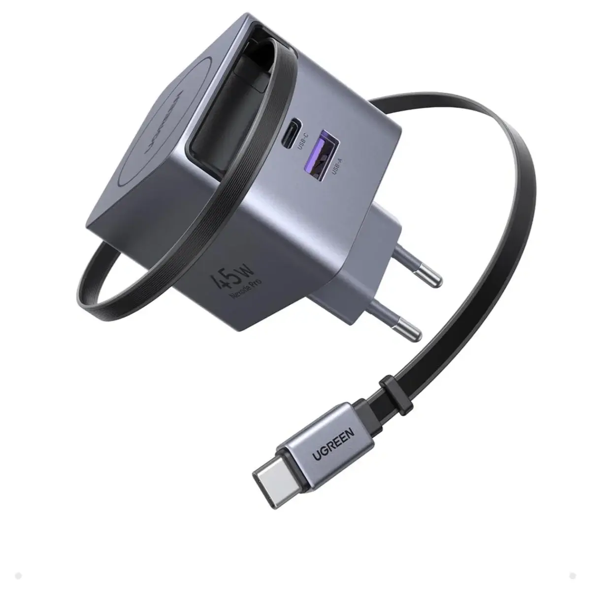 Ugreen Nexode Pro 45W GaN Fast Charger with Retractable Cable, USB-A and USB-C, EU Pin
