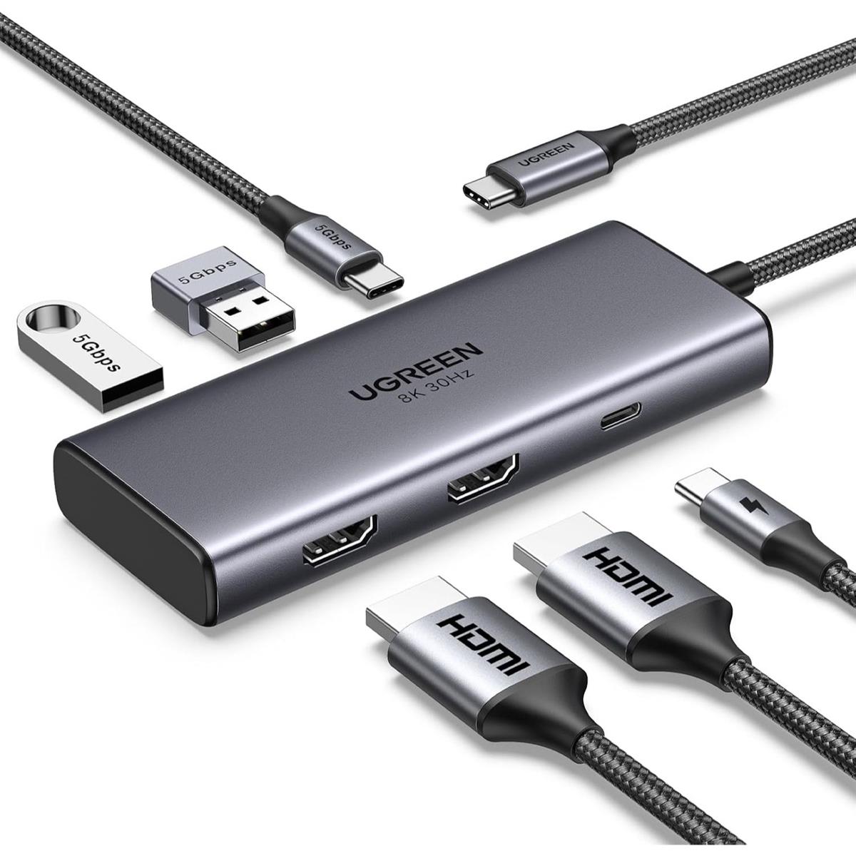 Ugreen Revodok 206 Docking Station 6-in-1 USB-C Dock Dual HDMI 4K@60Hz Single 8K@30Hz 100W PD 5Gbps USB C and USB A Data Ports USB C Hub Compatible for HP, ASUS, ThinkPad and More