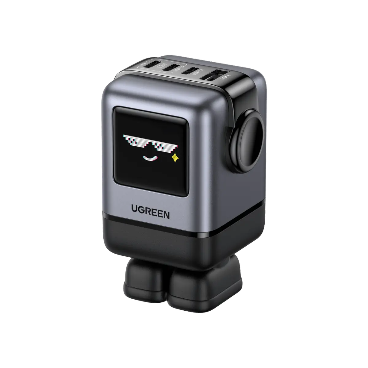 Ugreen Uno 100W 4-Port USB-C Wall Charger, GaN Fast Charging Block, Black Playful Robot Design, LED Display, Unique Gift, Fast Charging