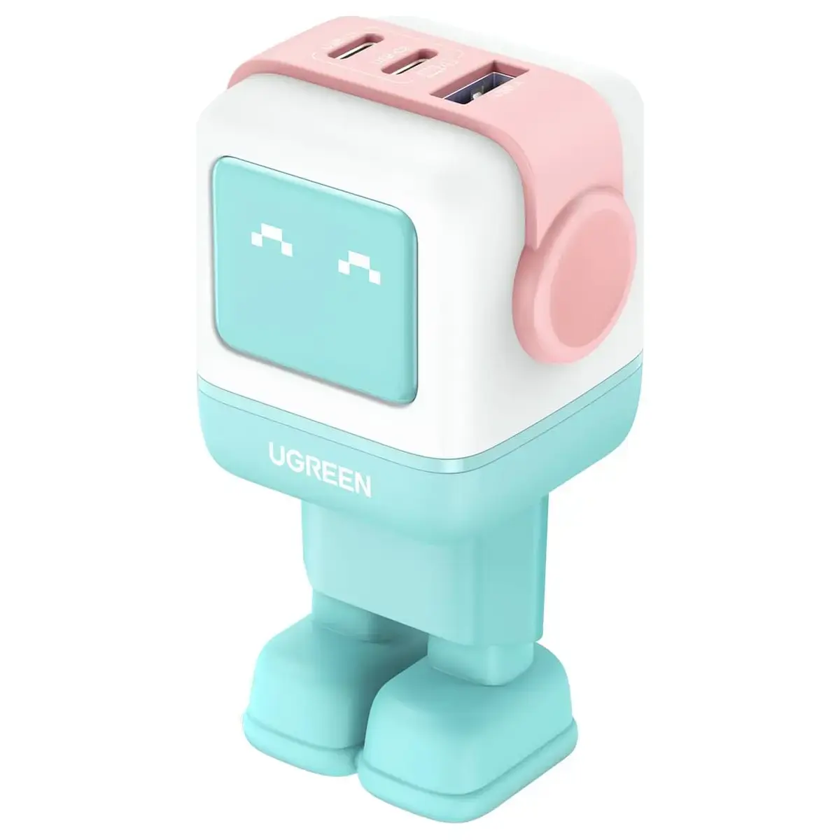 Ugreen Uno 65W 3 Ports USB C Charger GaNFast Cute Robot Shape, 2 USB-C and 1 USB-A, LED Emoticon Display, Pink Blue