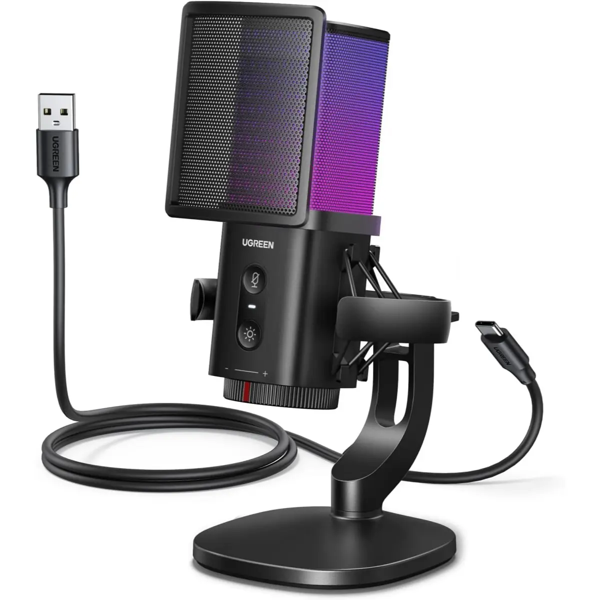 Ugreen USB Gaming Microphone for Streaming, Chat, 24bit/96kHz Condenser Mic With Quick Mute, Zero Latency Monitoring, RGB Lighting, Pop Filter, Shock Mount, RGB Light for PC, PS5, Discord, Podcasts