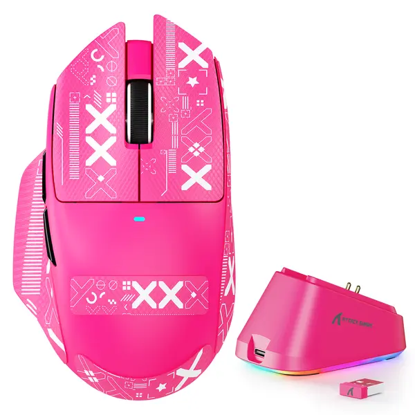Attack Shark V6 65g Superlight Wireless Gaming Mouse with Magnetic Charging Dock, BT/2.4GHz Wireless/Wired Mouse 1K Polling, PixArt PAW3311 Sensor, 25000DPI, Tape, Office Gamer Mice for PC/Win/Mac (Rose Red)