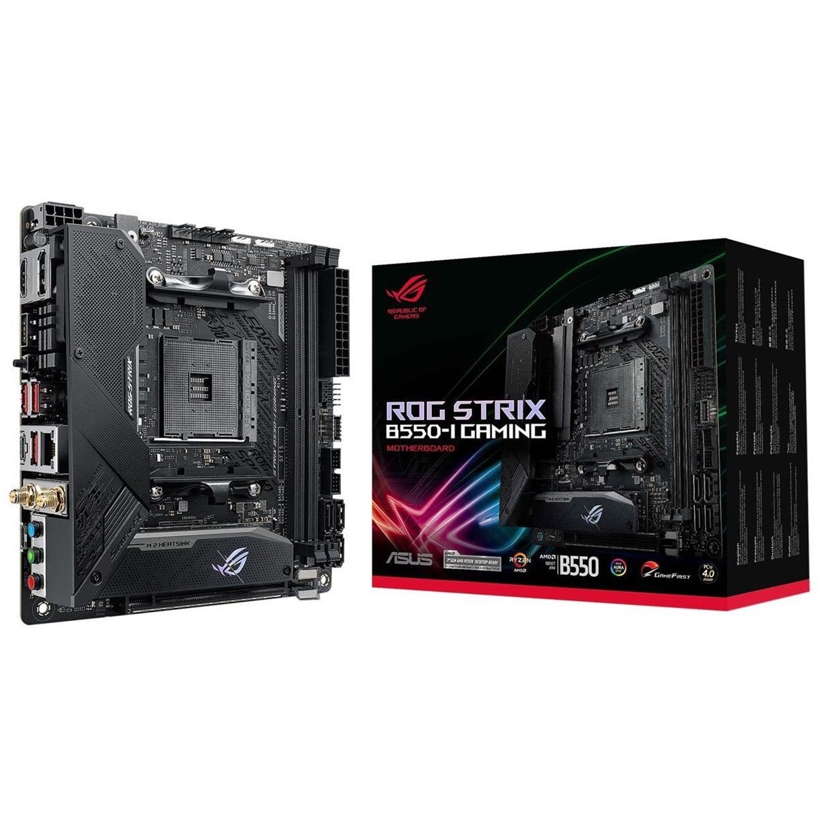Asus Rog Strix B550-I Gaming AMD AM4 (3rd Gen Ryzen) Mini-ITX SFF Gaming Motherboard (PCIe 4.0, WiFi 6, 2.5Gb LAN, DDR4 5100+ (O.C.), front USB 3.2 Gen 2 Type-C, Addressable Gen 2 RGB and AURA Sync)