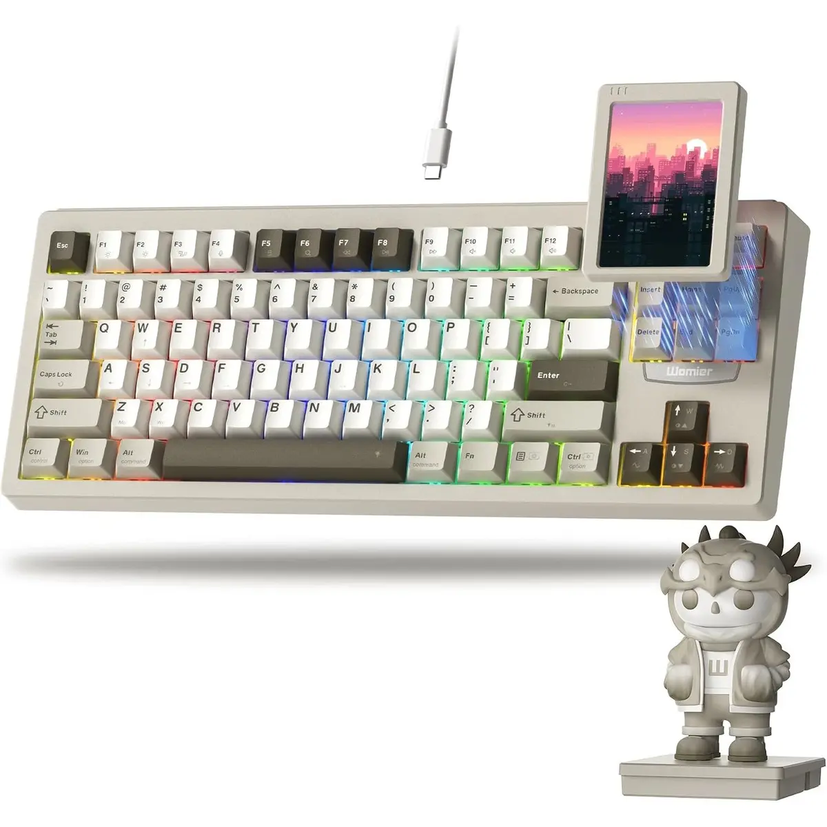 Womier DUO87 Modular 75% Mechanical Keyboard, Touch Screen Gaming Keyboard Custom Creamy Keyboard, Detachable Oversized Touch Screen, QMK/VIA Wired Keybord, POM Switches, Hot Swap, RGB Gaming & Work, Win/Mac (Beige)