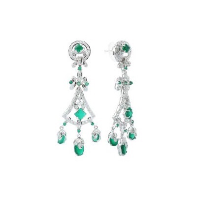 Zircon Studded Sterling Silver Earring with Square cut Green Onyx Stones