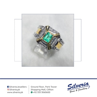 Natural Emerald and diamond ring in 925 Sterling Silver