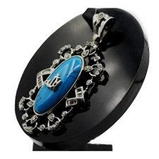 Allah Pendant In 925 Sterling Silver And Imitation Turquoise Stone Surrounded By Baguettes And Round