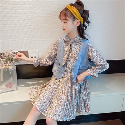 Western style denim vest floral Dress