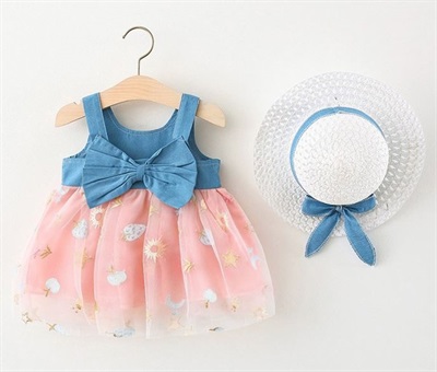 Cute Bow Mesh Denim Dress+Sunhat 