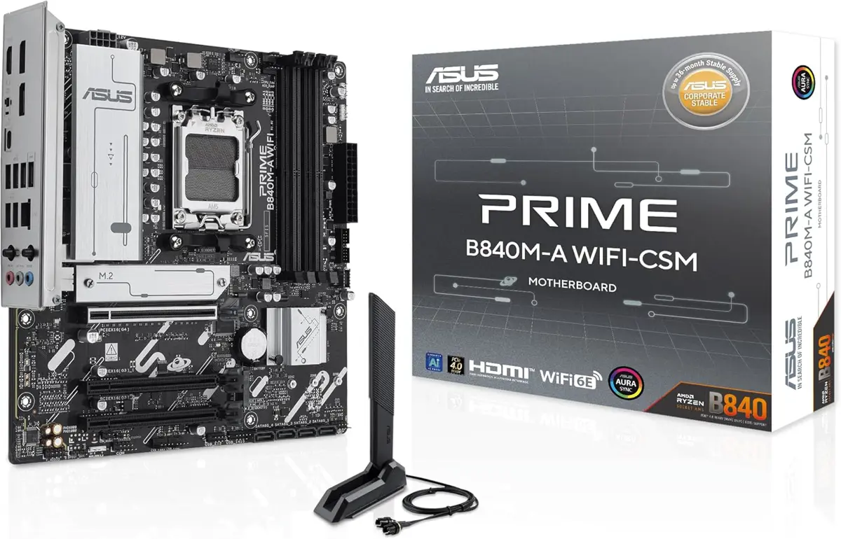 ASUS PRIME B840M-A WIFI-CSM AMD AM5 B840 mATX Motherboard, Advanced AI Ready, DDR5, PCIe 4.0 Ready, 3xM.2 Slots, Wi-Fi 6E