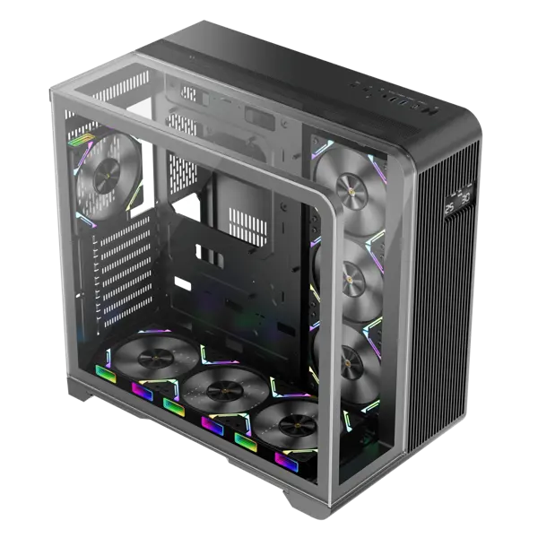 1st Player RT7 Black Edition Gaming Case, Triple Tempered Glass, Advanced Cooling with 7 Fan Support, USB-C & LED Display, Spacious for High-End Builds, 4x XF7 ARGB Fans Pre-installed