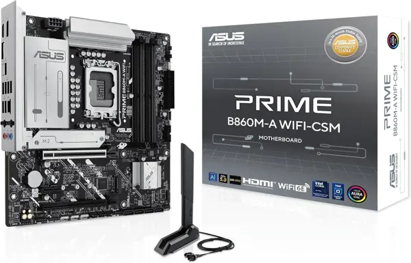 ASUS Prime B860M-A WiFi-CSM mATX Intel Core Ultra Motherboard, DDR5, PCIe 5.0, Two M.2 Slots, Wi-Fi 6E, 2.5Gb Ethernet, USB Type-C, DisplayPort, HDMI™, M.2 Heatsink