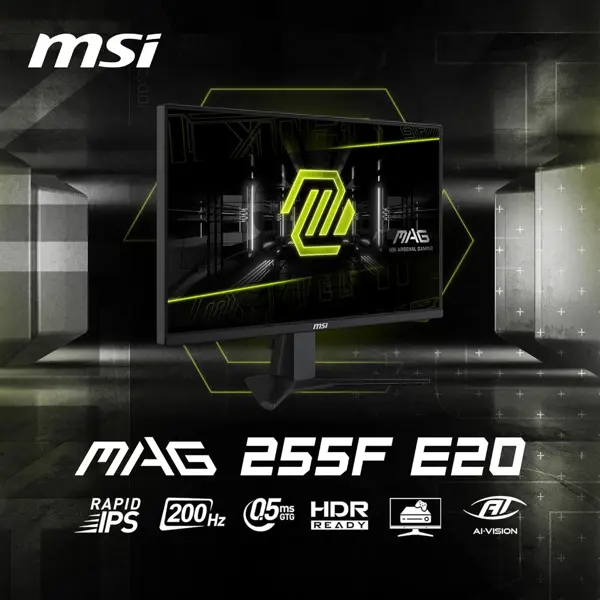 MSI MAG 255F E20 25-inch 1920 x 1080 (FHD) Gaming Monitor, 200Hz, Adaptive Sync, HDMI, DisplayPort, VESA Mountable, Tilt, Height Adjustable, Speaker, 0.5ms, Black