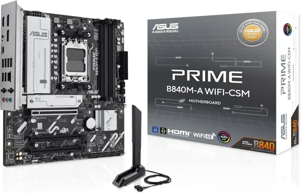 ASUS PRIME B840M-A WIFI-CSM AMD AM5 B840 mATX Motherboard, Advanced AI Ready, DDR5, PCIe 4.0 Ready, 3xM.2 Slots, Wi-Fi 6E