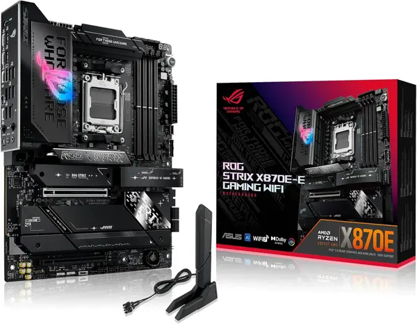 ASUS ROG STRIX X870E-E GAMING WIFI AMD AM5 X870 ATX Motherboard 18+2+2 Power Stages, Dynamic OC Switcher, Core Flex, DDR5 AEMP, WiFi 7, 5X M.2, PCIe 5.0, Q-Release Slim, USB4, AI OCing & Networking