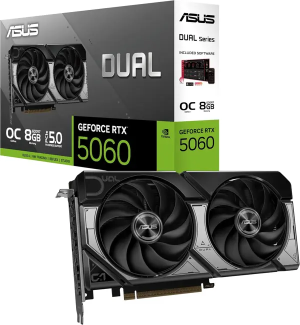 ASUS Dual GeForce RTX 5060 8GB GDDR7 OC Edition (PCIe 5.0, 8GB GDDR7, DLSS 4, HDMI 2.1b, DisplayPort 2.1b, 2.5-Slot Design, Axial-tech Fan Design, 0dB Technology, and More)