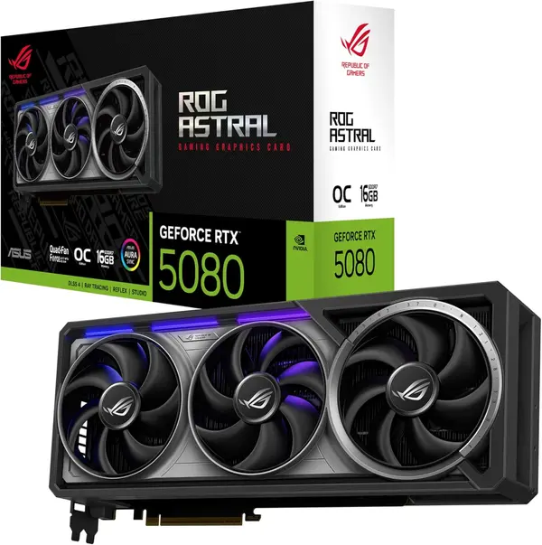 ASUS ROG Astral GeForce RTX 5080 OC Edition Graphics Card, PCIe® 5.0, 16GB GDDR7, HDMI®/DP 2.1, 3.8-Slot, 4-Fan Design, Axial-tech Fans, Patented Vapor Chamber, Phase-Change GPU Thermal Pad