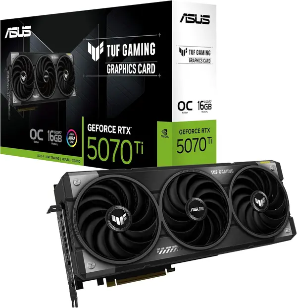 ASUS TUF GeForce RTX 5070 Ti 16GB GDDR7 OC Edition Graphics Card, NVIDIA, Desktop, PCIe® 5.0, HDMI®/DP 2.1, 3.125-Slot, Military-Grade Components, Protective PCB Coating, Axial-tech Fans